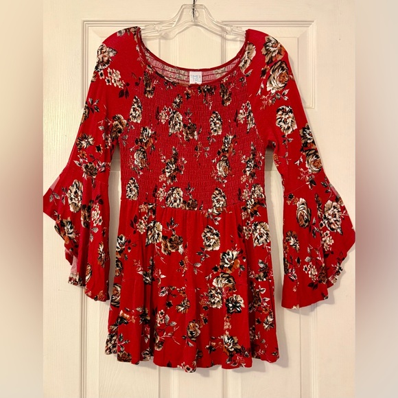 Time and Tru Tops - Time and Tru Red Floral Bell Sleeve Blouse
